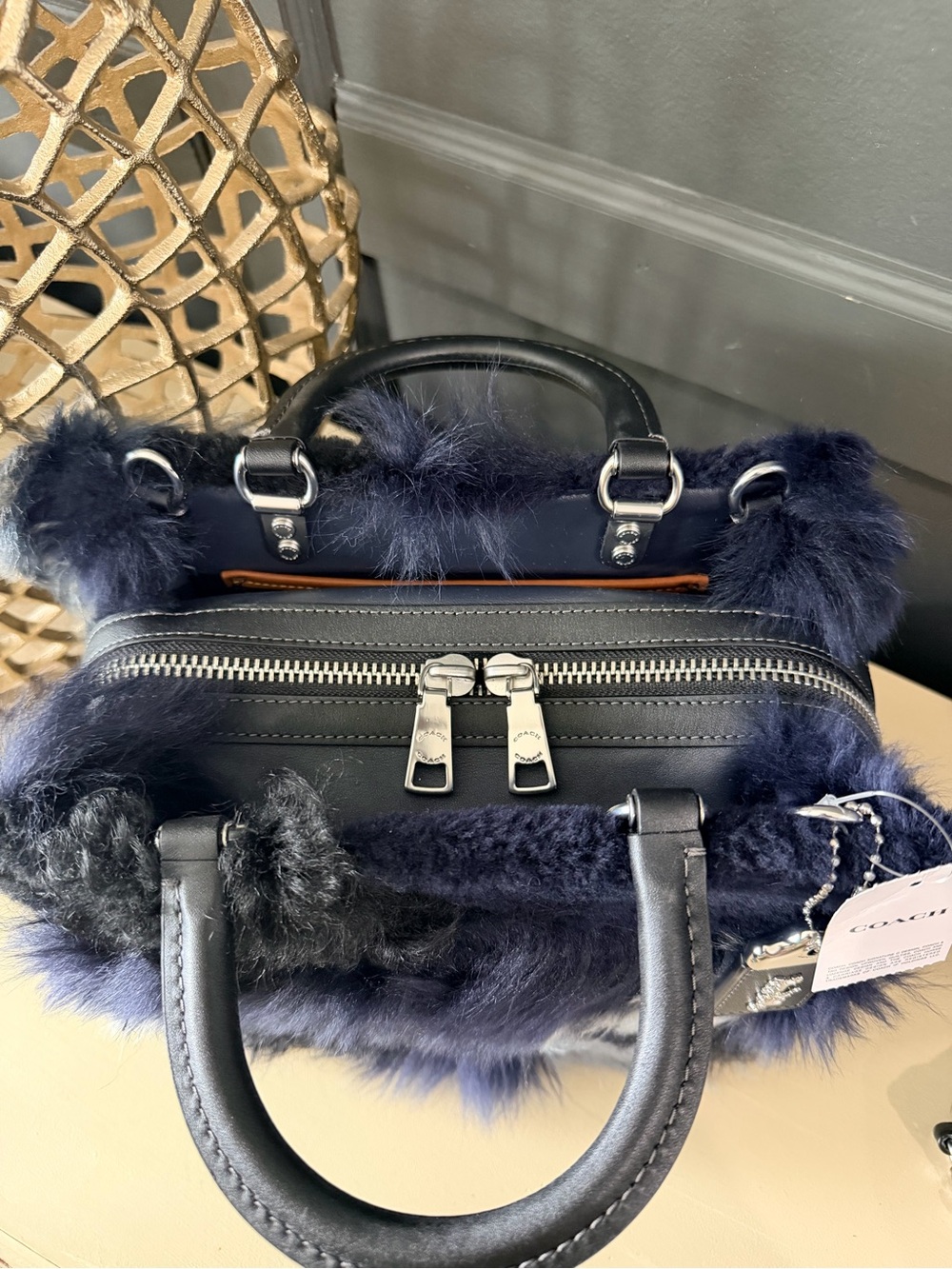 Coach Shearling Patchwork Rogue 25 Navy & Black w/Silver hardware | NWT - Picture 3 of 9